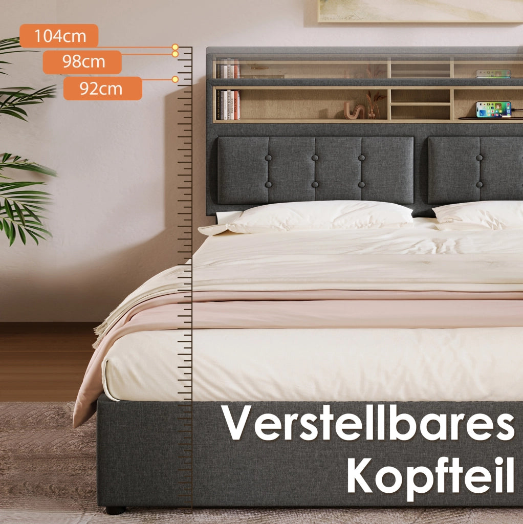 Letto matrimoniale imbottito 140x200 cm in tessuto lino grigio con testiera regolabile e prese USB