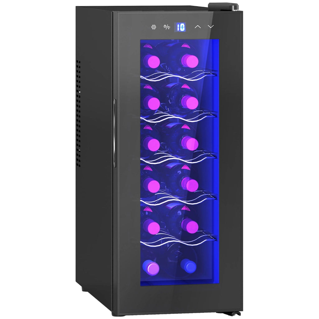 Cantinetta Vino Refrigerata per 12 Bottiglie Doppio Controllo Temperatura Ripiani Regolabili e Luci Nero