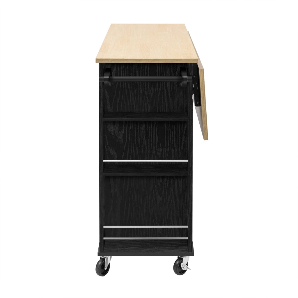 Isola Cucina Mobile Nera con Piano Estensibile 120 cm; Porta Rifiuti; Prese USB; Ruote e Ripiani Regolabili
