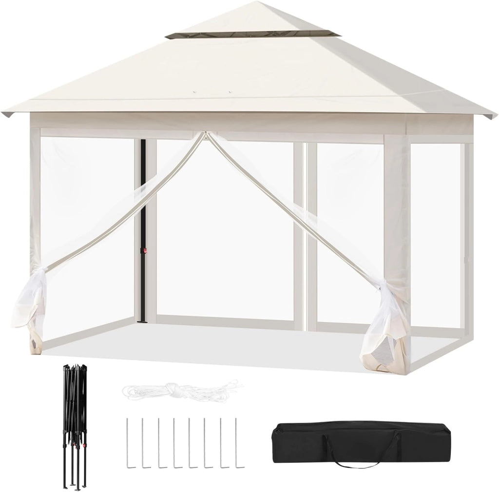 Gazebo da Giardino per Esterni, Gazebo 3x3 Pieghevole Idrorepellente, con Zanzariera Rimovibile, Doppio Tetto, Borsa per Trasporto, Resistente ai Raggi UV, Beige
