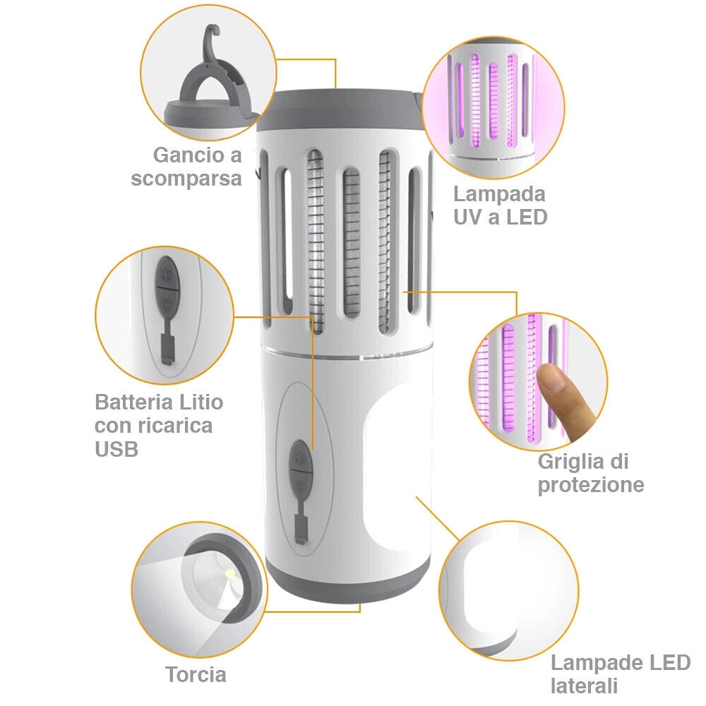 Zanzariera Elettrica Lampada Torcia LED Campeggio Anti Zanzar Batteria Litio USB
