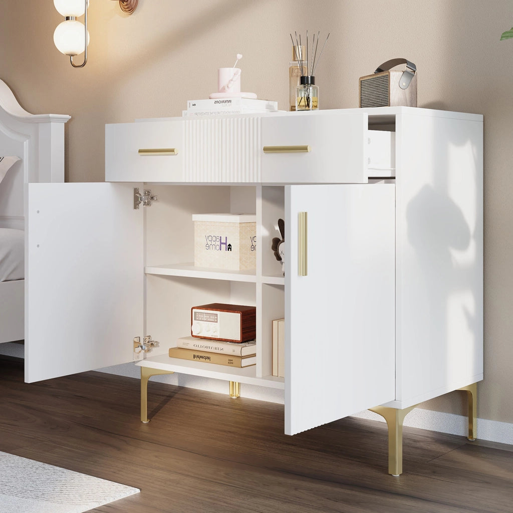 Credenza moderna bianca con 2 ante e 2 cassetti, struttura in MDF, sistema antiribaltamento, 80 x 35 x 79,5 cm