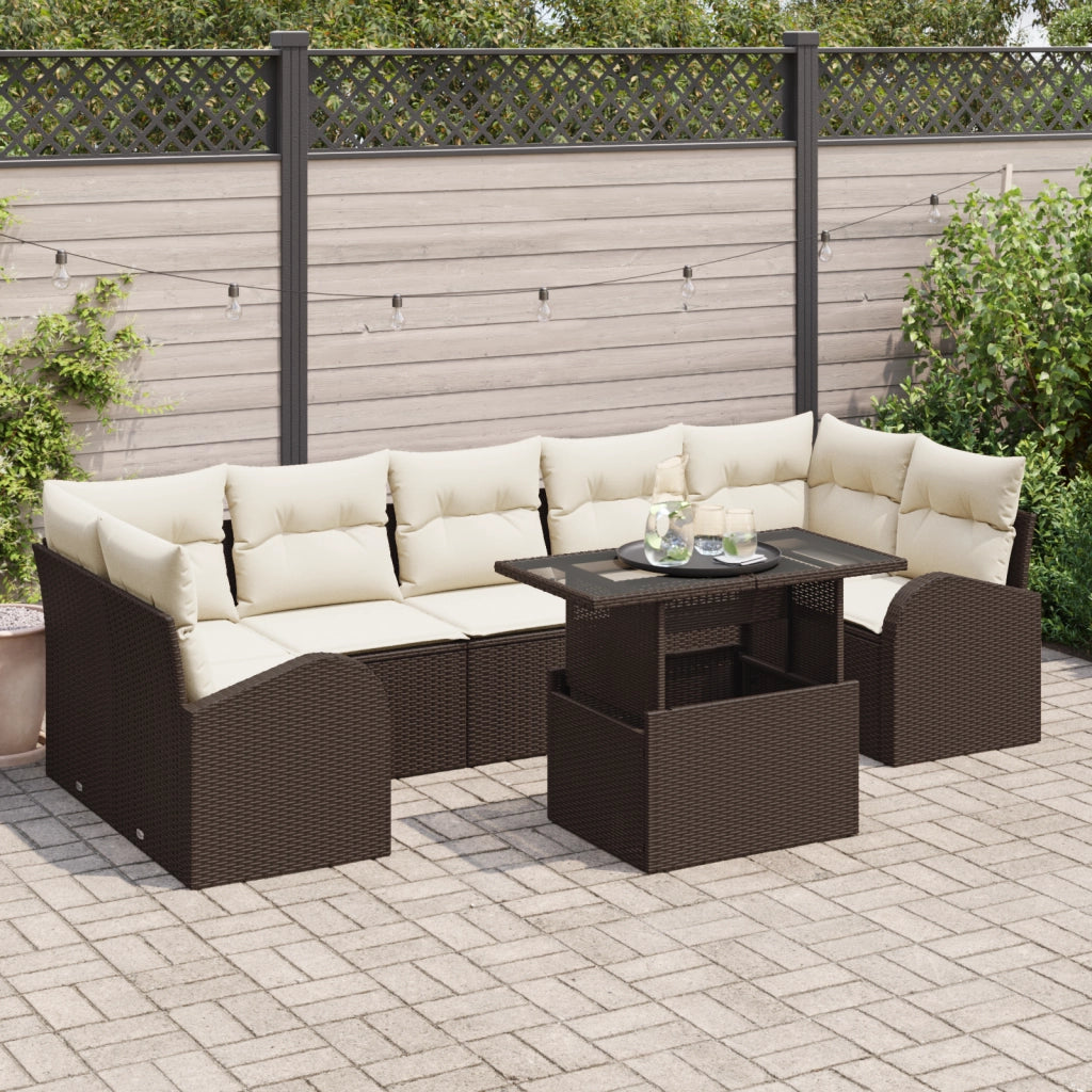 Set Divano da Giardino da 8 Pezzi con Cuscini Marrone Polirattan