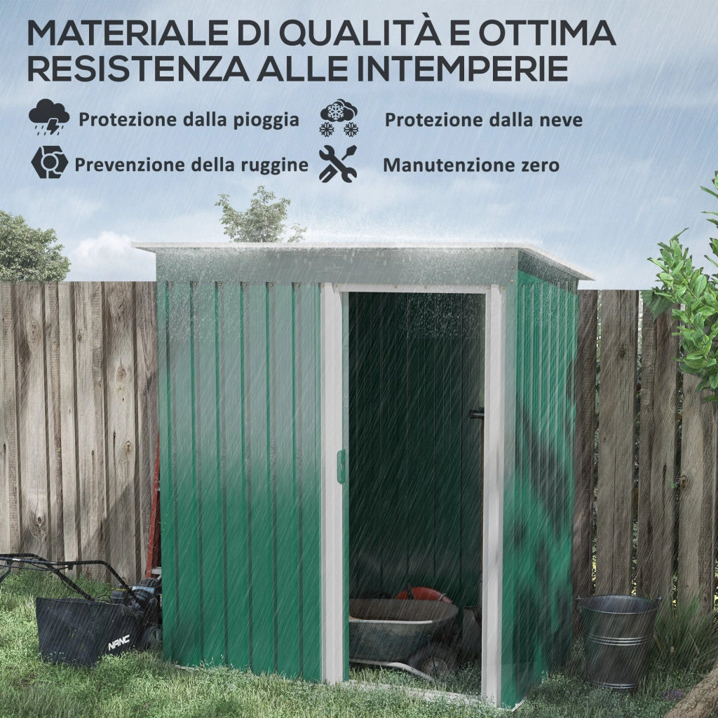 Casetta Porta Attrezzi con Tetto Inclinato e Porta Scorrevole 163x89x182 cm in Acciaio Zincato Verde