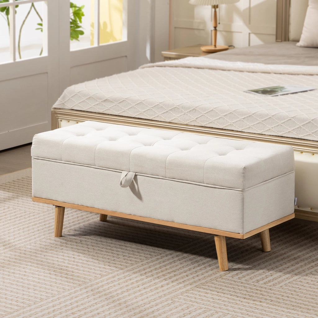 Panca Contenitore Imbottita ¨C Xylo ¨C Tessuto Crema Legno 118x42x45cm