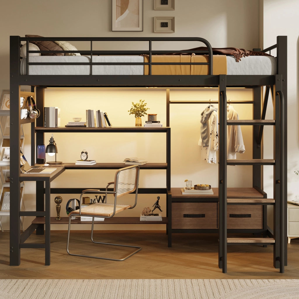 Letto a soppalco in metallo 90x200 cm con scrivania; vani; USB; barra appendiabiti; LED e parapetto; nero