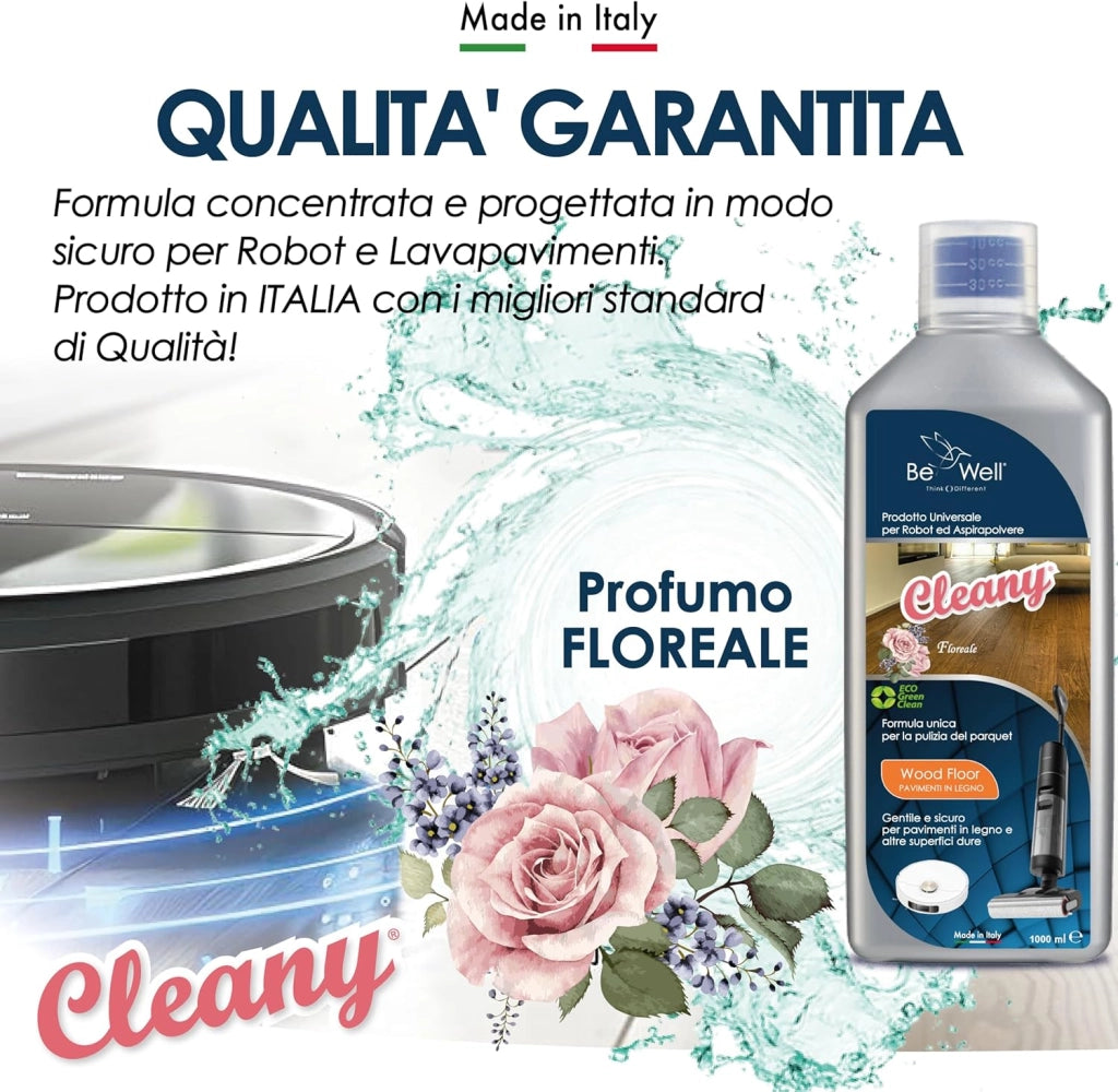 CLEANY Detergente Concentrato per Robot Lavapavimenti e Aspirazione con Igienizzante Multisurface 1000ml pulizia senza aloni e sostenibile Adatto a tutti i Robot (FLOREALE)