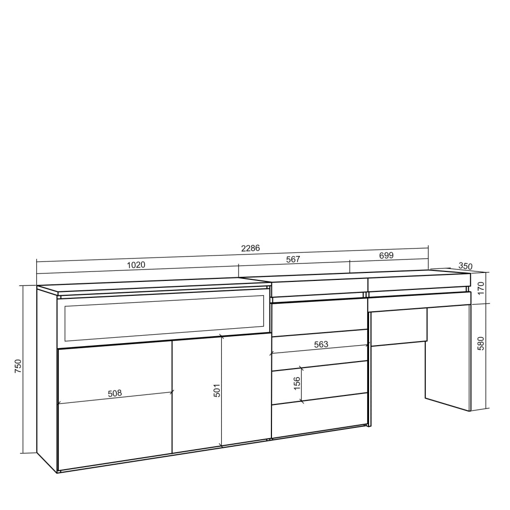 Credenza, 227x35x75cm, Camera da letto, Camino elettrico, Cassettiera, Tavolo da toeletta, colore Rovere RF3411