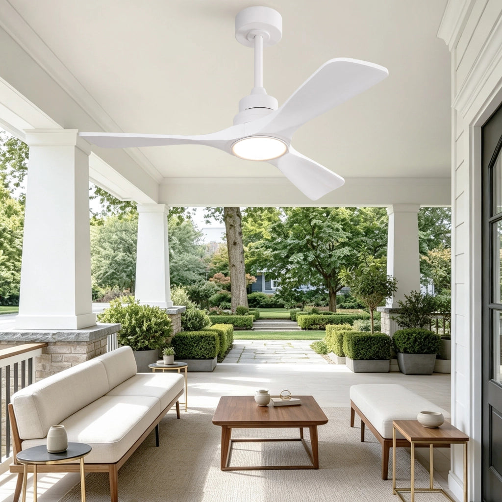 Ventilatore da soffitto bianco puro 42 pollici, 3 pale ad elica rinforzate in legno massello, motore DC reversibile silenzioso, design moderno