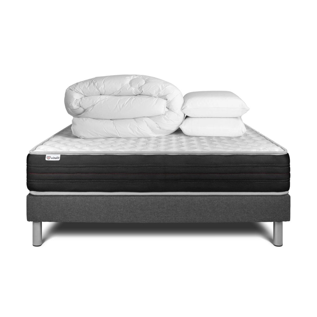 Pacchetto letto completo - Materasso 140x190cm + Box spring con doghe (in kit) + 2 cuscini + Piumino - Vitalmemo One