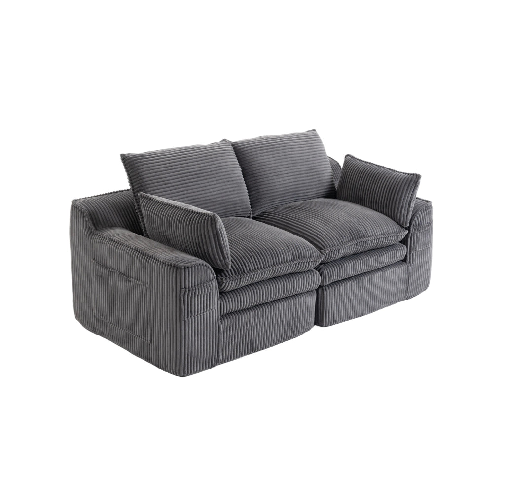 Divano 2 posti ULEVR 191x94x85 cm in velluto a coste grigio scuro con tasche laterali e cuscini