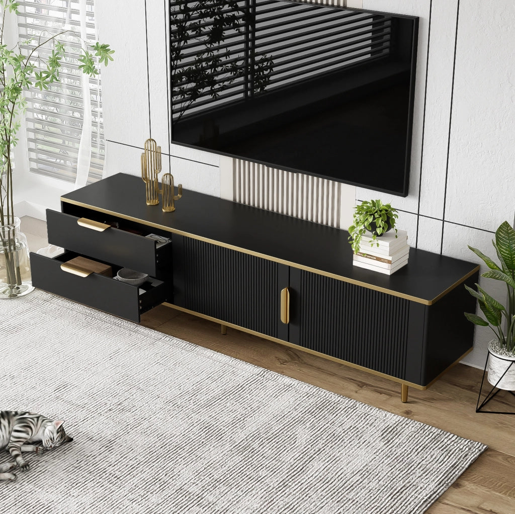 Mobile TV con 2 cassetti e 2 vani; 170x45x37 cm; MDF e pannello truciolare; nero e oro