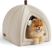 Casa per Gatti - 44 x 44 x 44 cm Casa per Gatti con Cuscino Sherpa Rimovibile e Giocattolo Appeso Mandria Lavabile Beige
