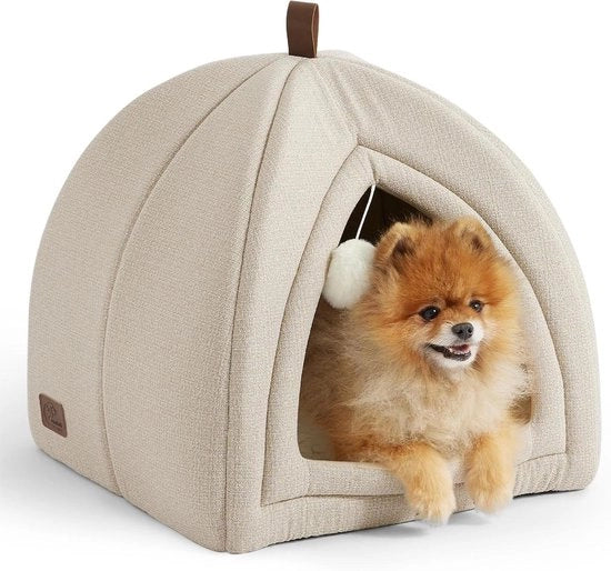 Casa per Gatti - 44 x 44 x 44 cm Casa per Gatti con Cuscino Sherpa Rimovibile e Giocattolo Appeso Mandria Lavabile Beige