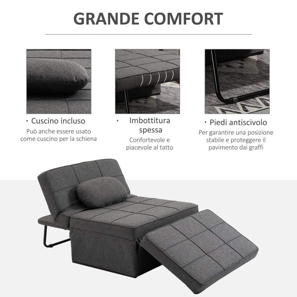 Pouf Letto Poltrona Schienale Reclinabile 95x179x78 cm in Tessuto Effetto Lino Grigio