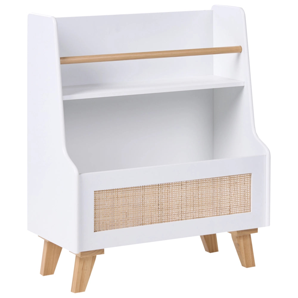 Scaffale a 2 ripiani in MDF bianco con frontale in rattan ripiani aperti contenitore per giocattoli camera dei bambini sala giochi