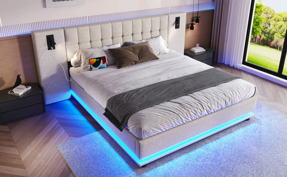 DESMIU Letto Matrimoniale 180 × 200 cm con LED regolabile, luce da lettura e USB, senza materasso, lino, beige