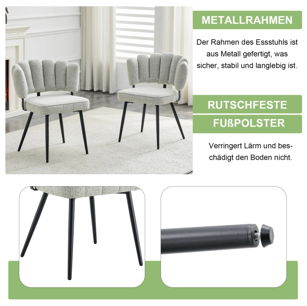 Set di 2 sedie da pranzo in velluto strutturato grigio chiaro con schienale a petalo e gambe nere; 80 cm