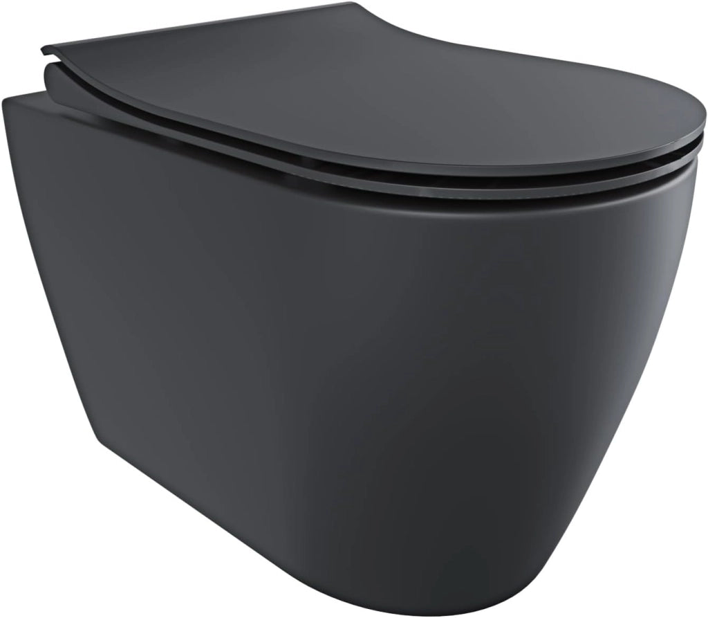 Coppia Sanitari Vaso WC Filomuro Filo Muro Rimless Tornado Flush Senza Brida Bidet Design Moderno Ceramica Copriwater Soft Close Nero Opaco