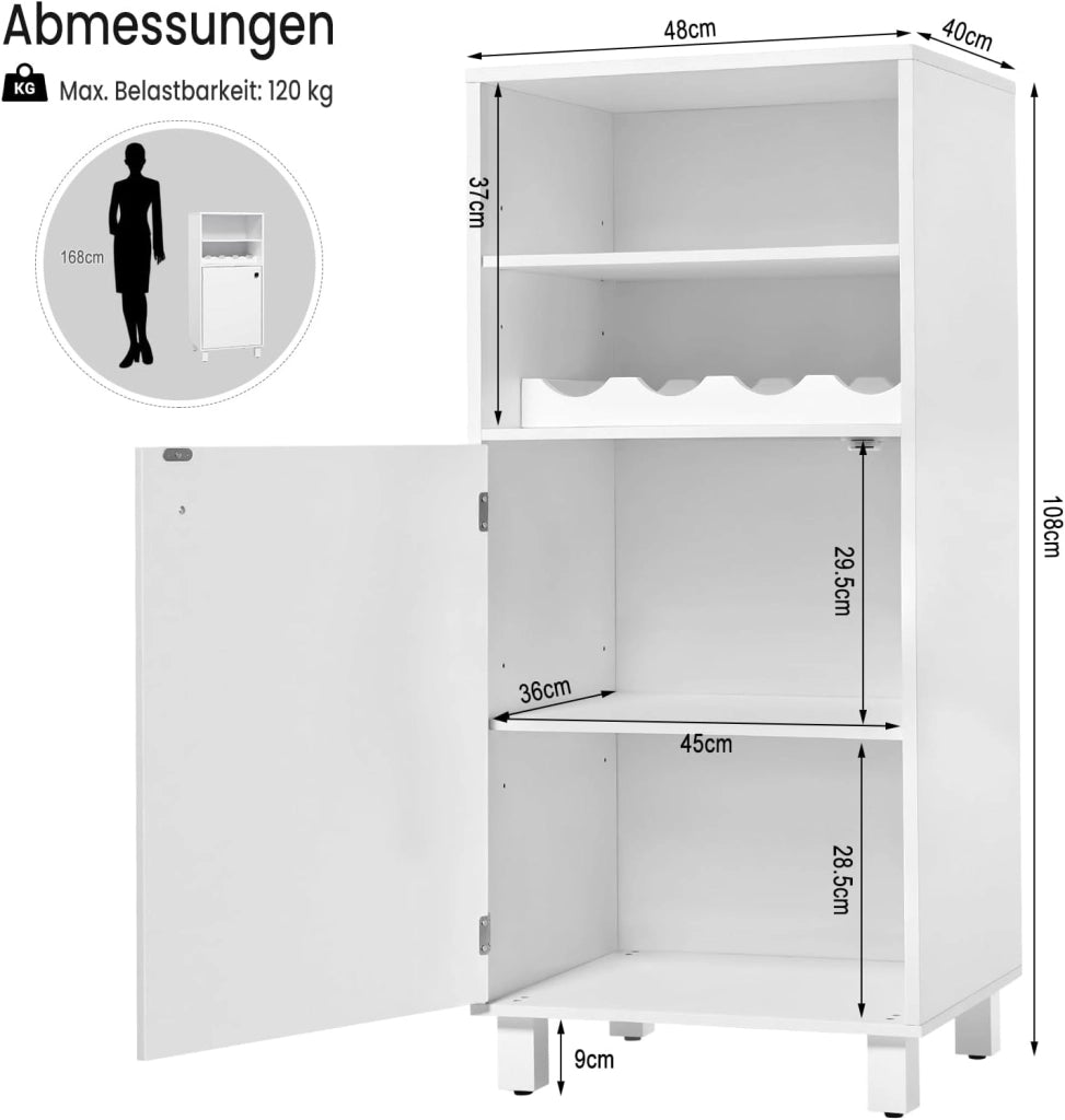 Credenza da Cucina con Portabottiglie per 5 Bottiglie, Libreria Chiusa Anta Bianca, Mobiletto Multiuso con Ripiani Regolabili, Scaffale Portaoggetti, in Legno e Metallo, 48x40x108cm