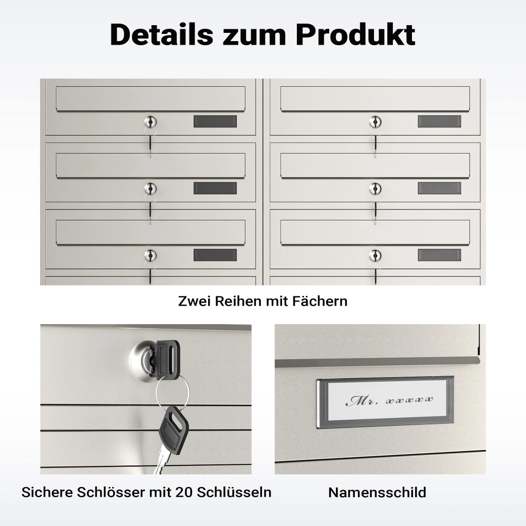 Cassetta postale condominiale autoportante, 10 posti, acciaio inox, 945 x 270 x 1500 mm, 2 moduli