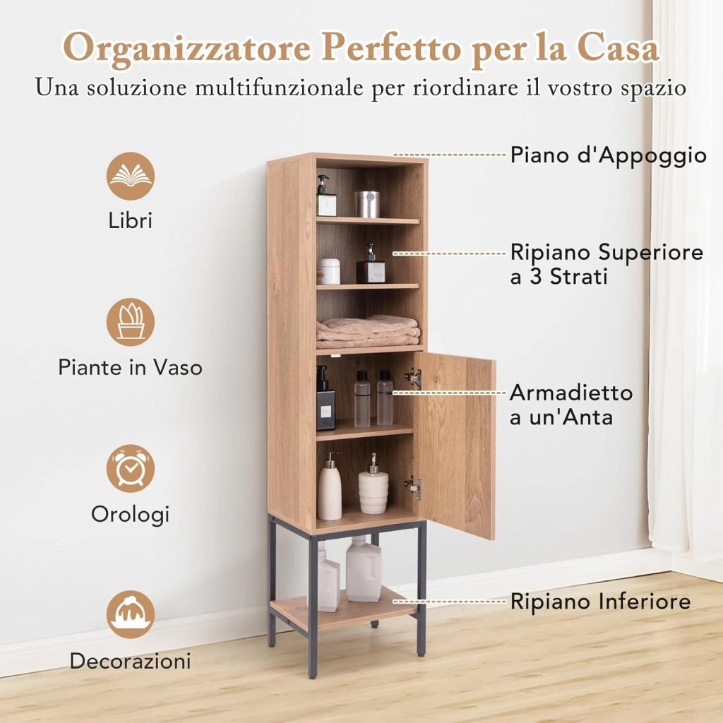 Armadietto da 146 cm di Altezza, Armadietto con Ripiani Regolabili e Ripiano Inferiore, con Supporto Metallico e Porta, per Soggiorno, Cucina e Ufficio, 38 x 30 x 146 cm (Legno)