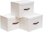 Cassetta di stoccaggio grande pieghevole con coperchio - Tela di lino - Organizzatore per abbigliamento e accessori (38 x 25 x 25 cm, 3 pezzi)