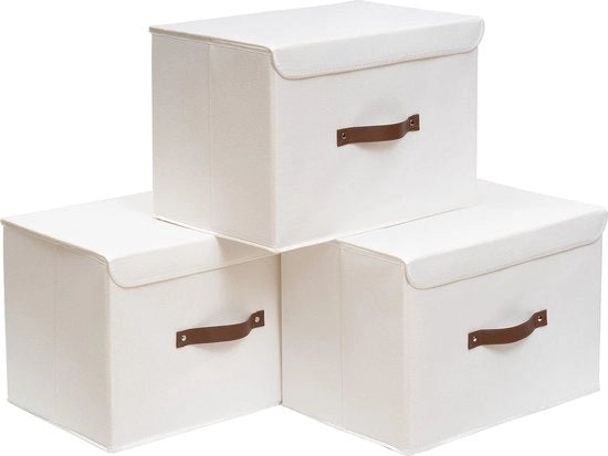 Cassetta di stoccaggio grande pieghevole con coperchio - Tela di lino - Organizzatore per abbigliamento e accessori (38 x 25 x 25 cm, 3 pezzi)