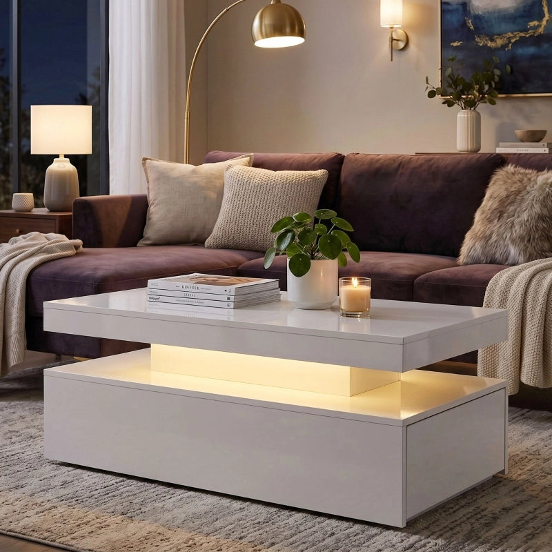 Tavolino basso con LED RGB, 2 cassetti e vano contenitore, per soggiorno e gaming, bianco lucido 100 × 50 × 40 cm