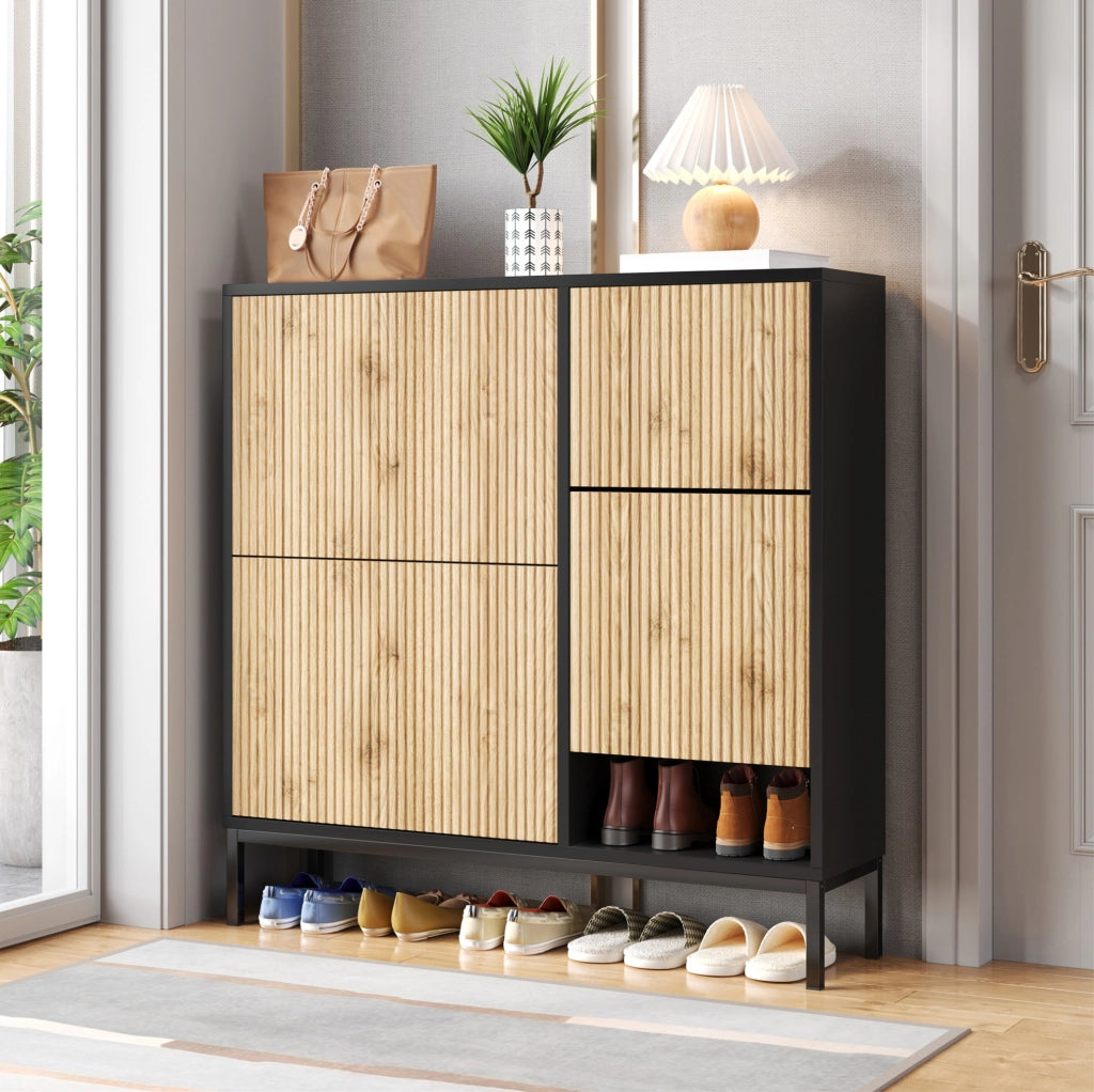 Scarpiera con panca estraibile; 100x100x25 cm; MDF; nero e naturale