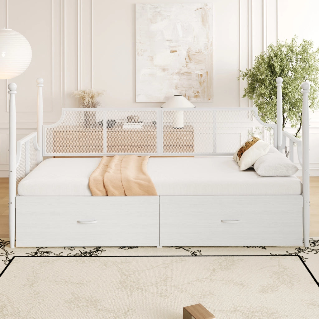 Letto singolo 90×200 cm con cassetti; testiera e braccioli vintage; senza materasso; metallo; bianco