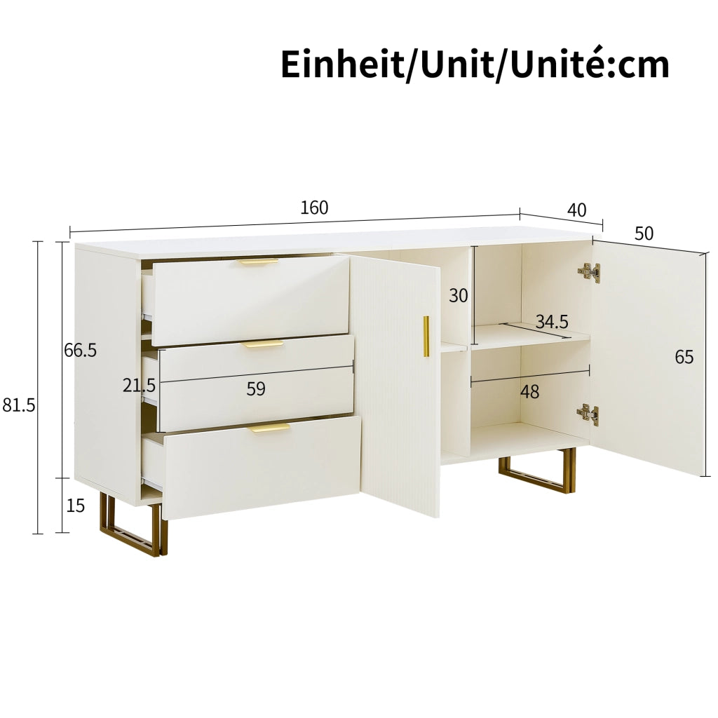 Credenza 160x40x81.5 cm con 3 cassetti e 2 ante in MDF bianco