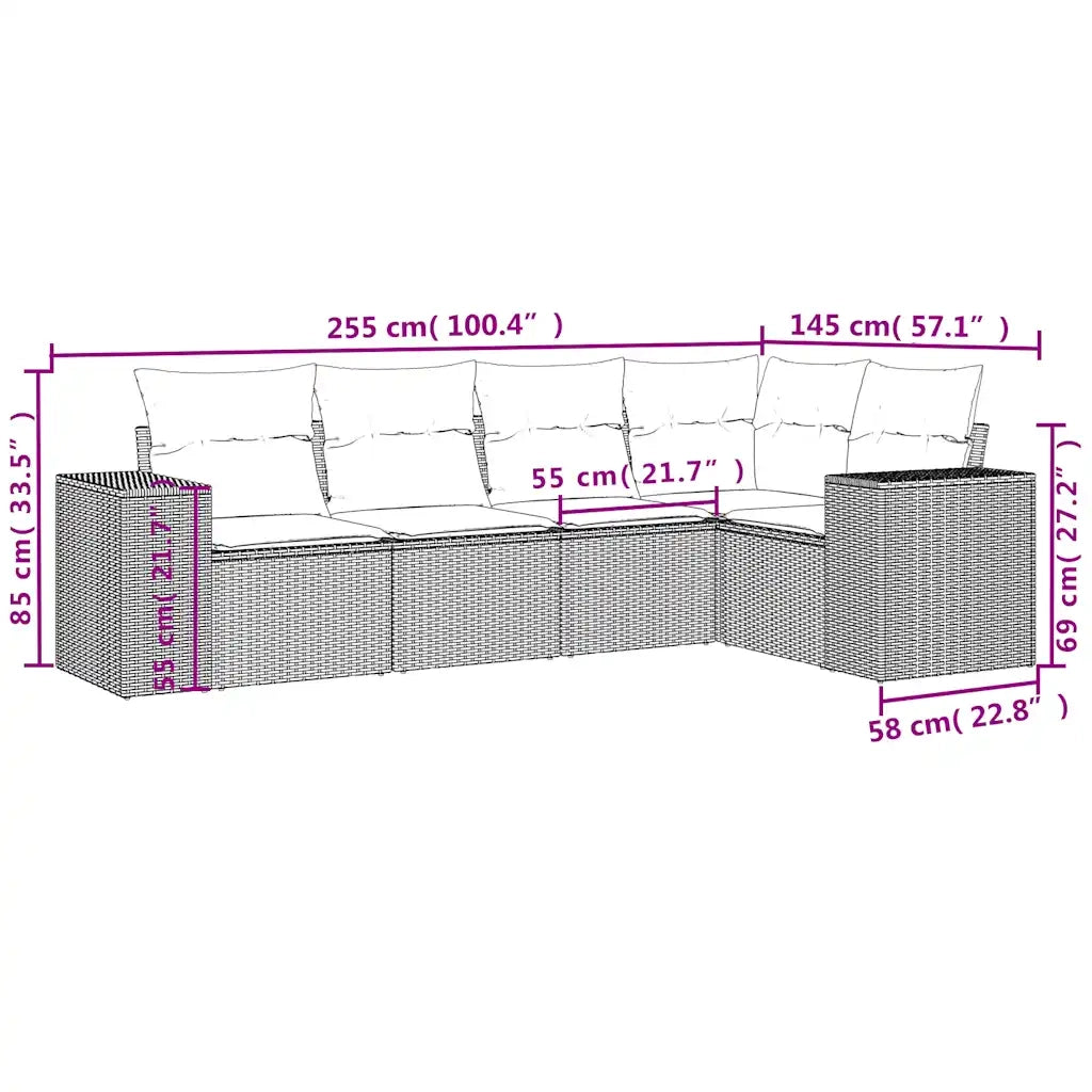 Set Divano da Giardino 5 pz con Cuscini Marrone in Polyrattan