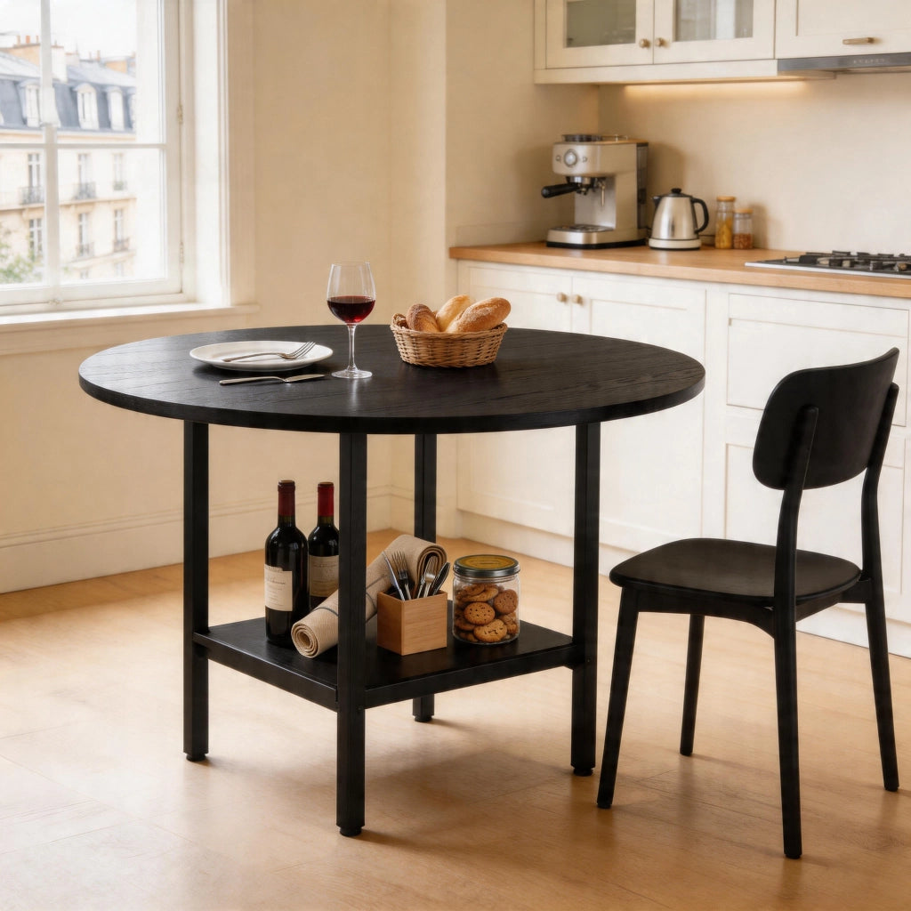 Tavolo da pranzo per 4-6 persone con ripiano contenitore, stile moderno, in MDF e metallo nero, diametro 100 cm