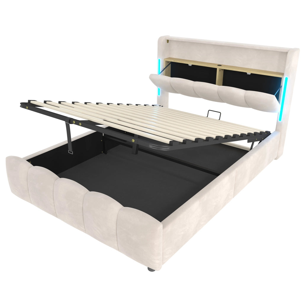 Letto matrimoniale imbottito 140x200 cm in velluto beige con LED; contenitore e porte USB Type-C