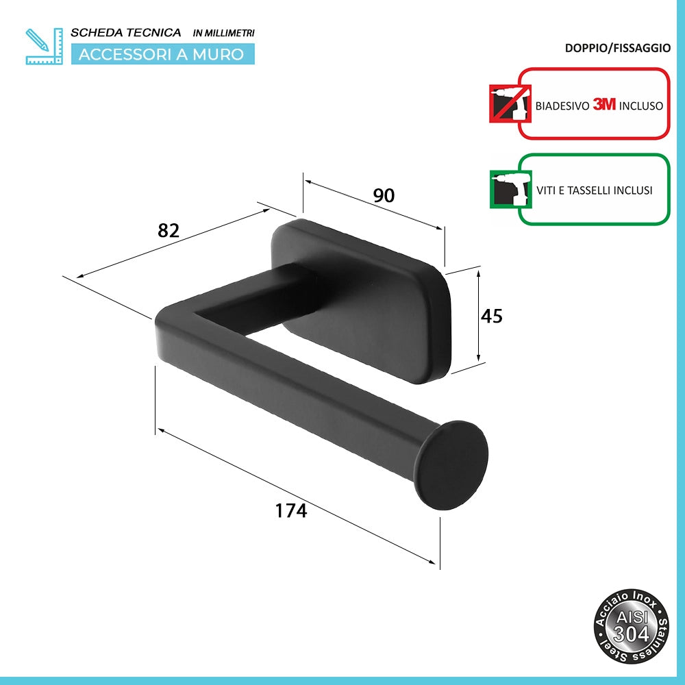 Set 4pz con appendino, porta rotolo e 2 porta salviette a muro in acciaio nero Cubik