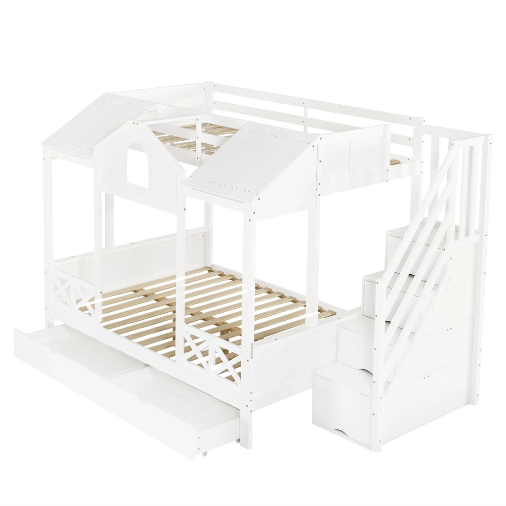 Letto a castello per bambini con 2 cassetti su ruote, scala con 4 vani, finestre e tetto, bianco, 90x200 cm e 140x200 cm