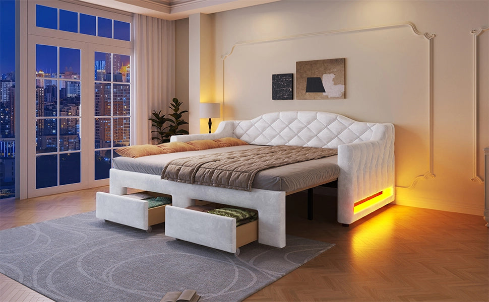 DESMIU Divano letto 90 × 200 e 180 × 200 cm 2 posti con 2 cassetti, LED, senza materasso, bianco