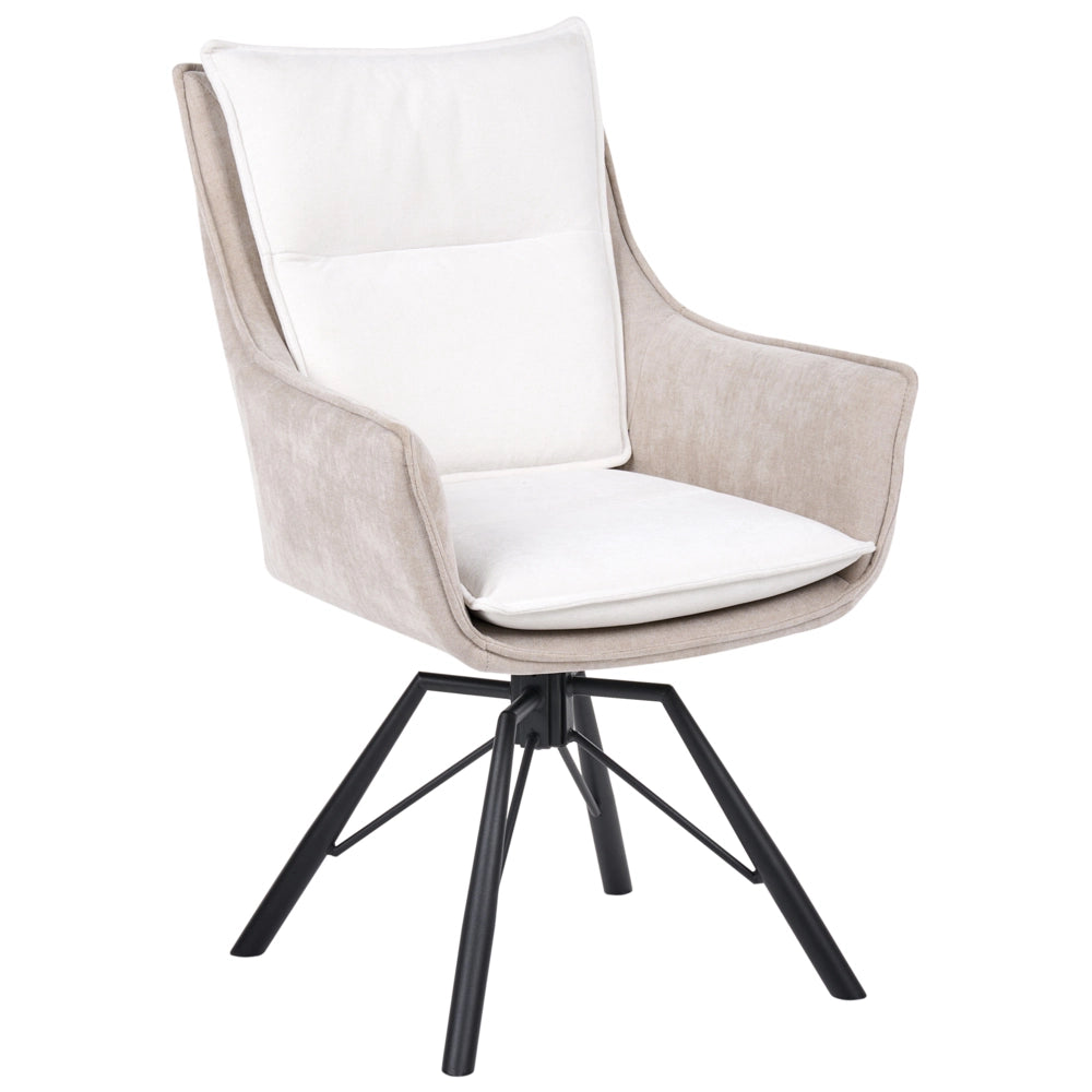 Poltrona beige-bianco sporco in ciniglia con base girevole in acciaio seduta rigida per soggiorno stile scandinavo moderno