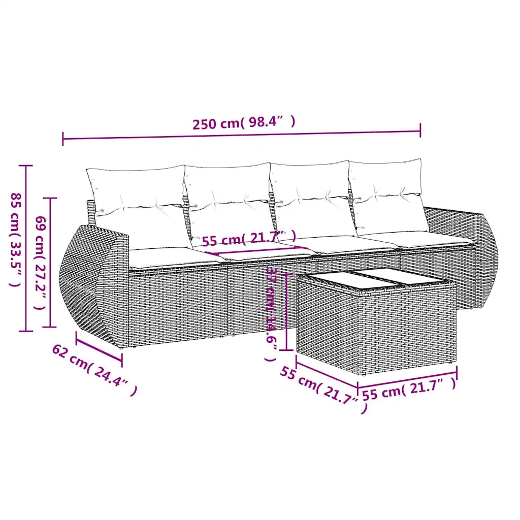 Set Divano da Giardino 5pz con Cuscini Grigio Chiaro Polyrattan