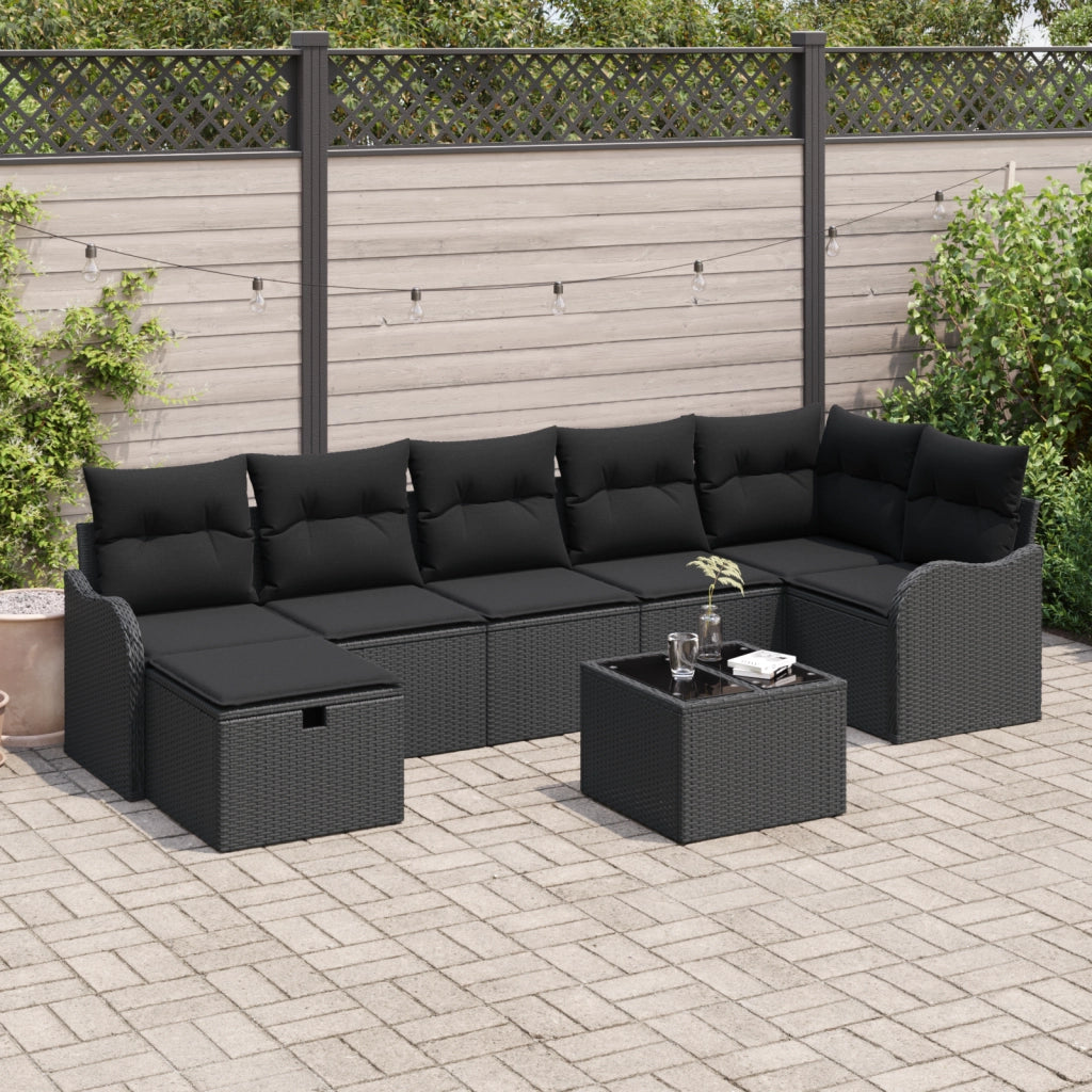 Set Divano da Giardino in 8 Pezzi con Cuscini Nero Polyrattan