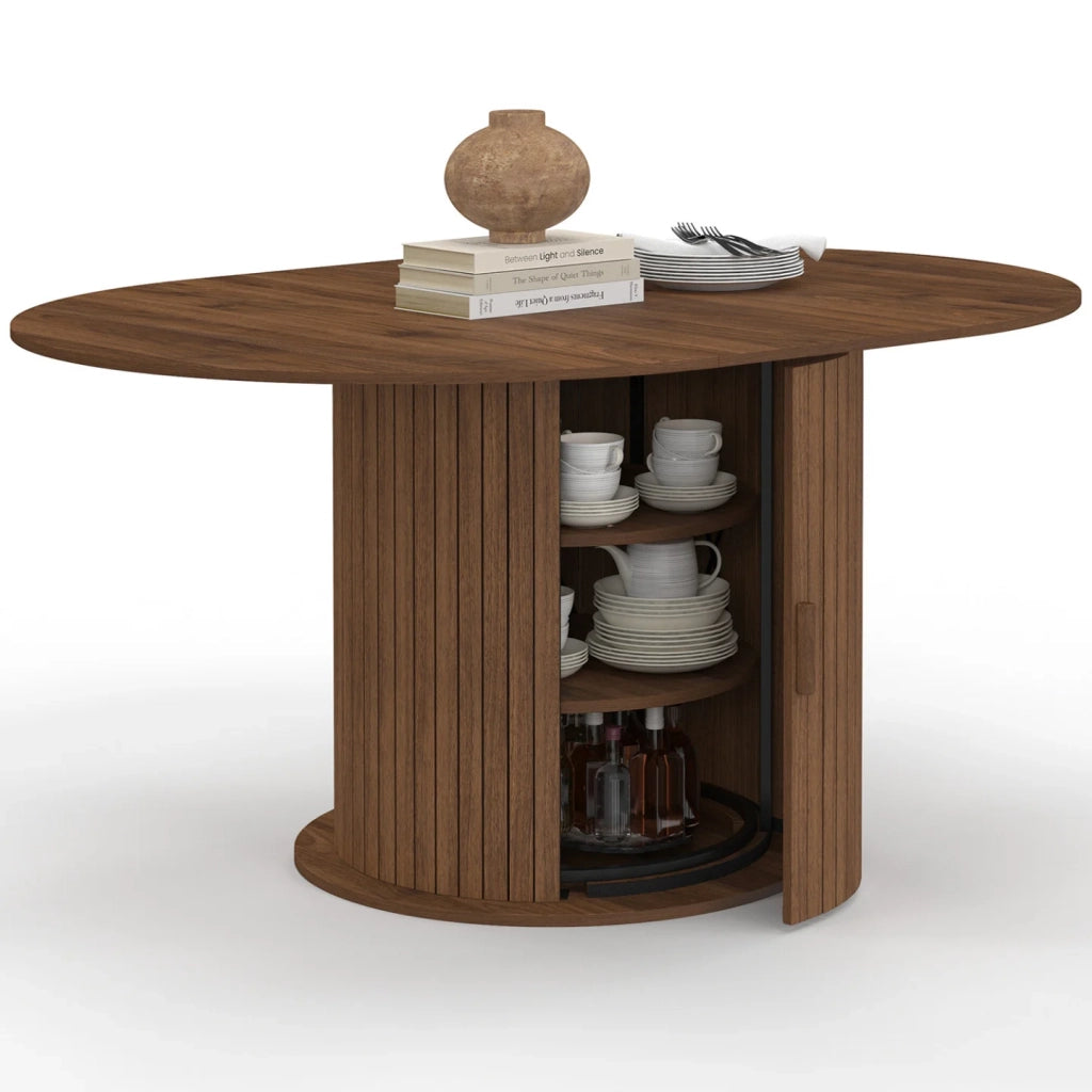 IDMarket - JULIETTE Tavolo da pranzo rotondo allungabile per 4-8 persone con gambe a doghe e contenitore in noce 110-150 cm
