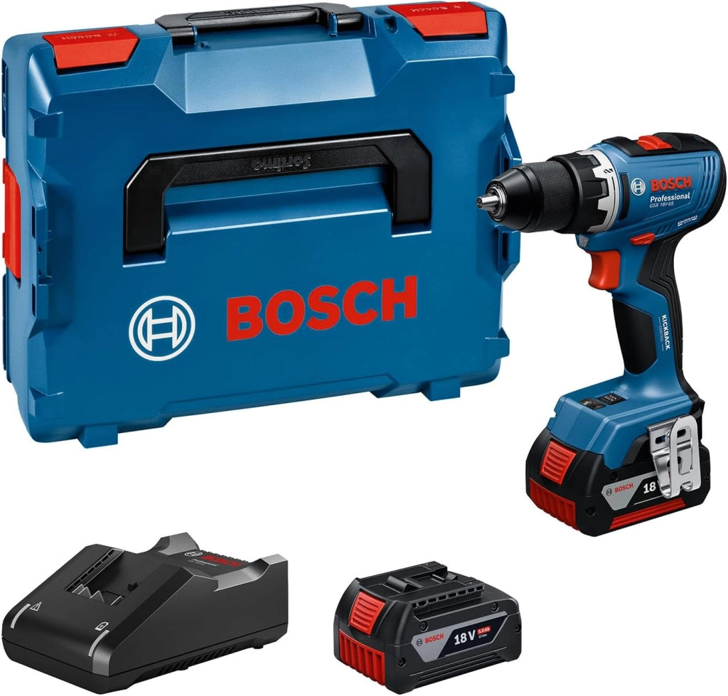 Bosch Professional 18V System Trapano-avvitatore a batteria GSR 18V-65 (motore brushless, lunghezza della testa 166, incl. 2 batterie GBA 4.0Ah, 82AC, L-Case)
