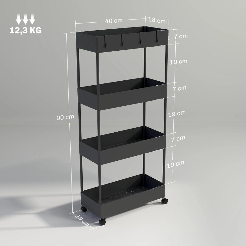 Carrello da cucina nero con 4 ripiani, ruote e freni, 40 x 19 x 90 cm, in plastica ABS