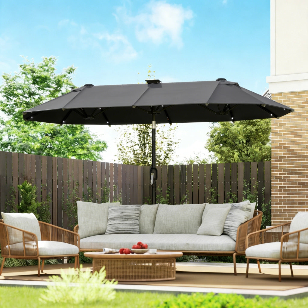 Ombrellone da giardino doppio 3x1.5 m ¨C zephmum ¨C grigio con illuminazione solare e manovella
