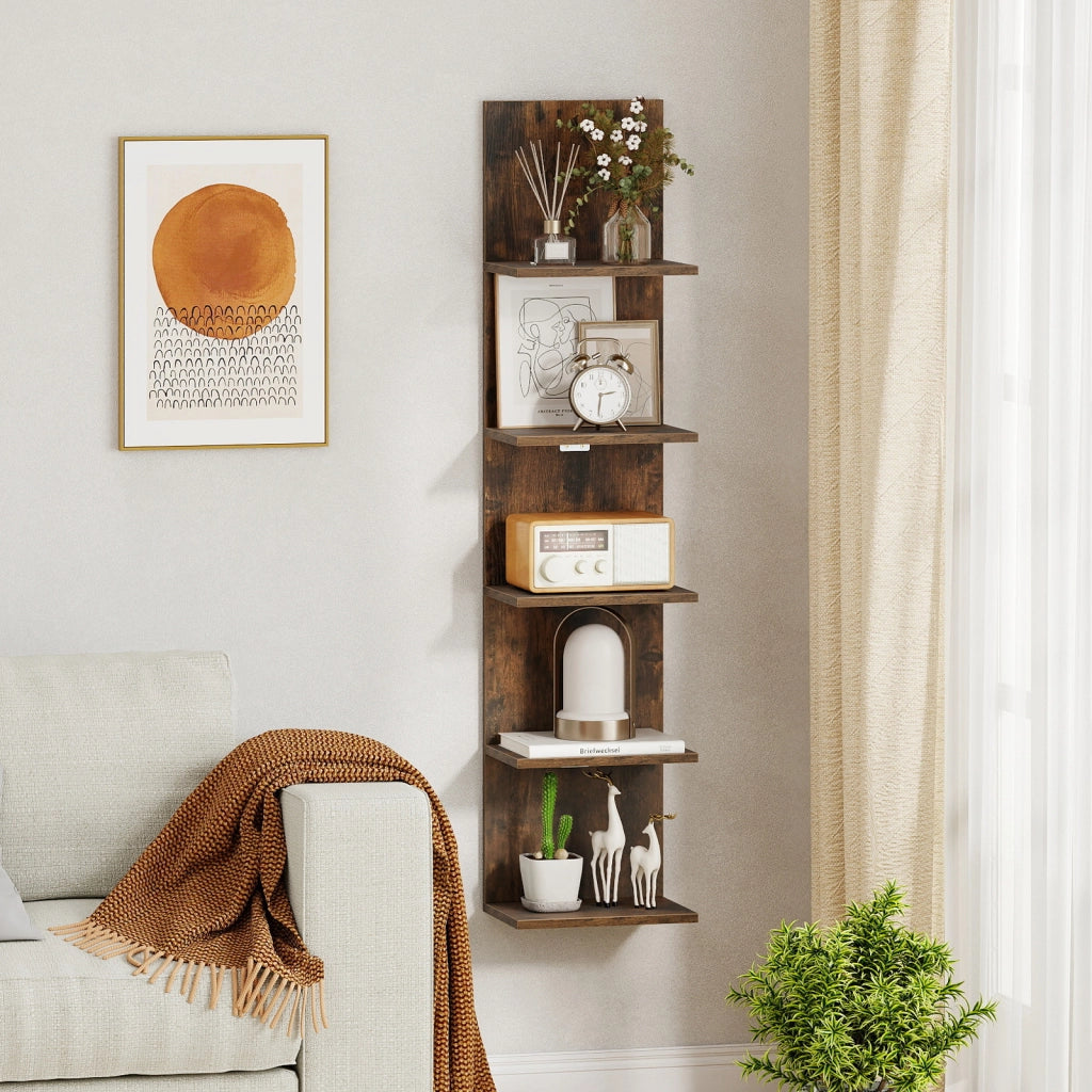 Mensole da parete a 5 ripiani in legno verticali sospese, Organizer per camera soggiorno bagno decorazione casa Marrone