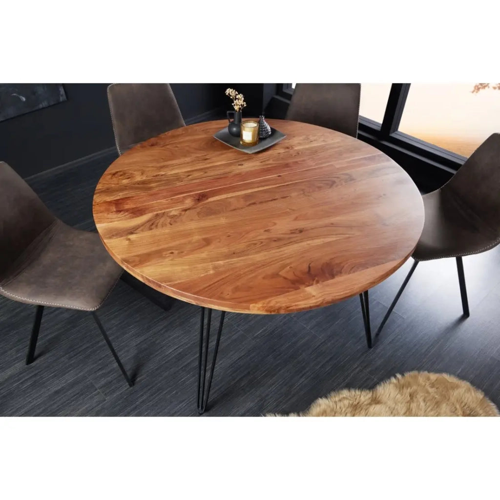 Tavolo da pranzo SILVA – Legno massiccio di acacia e metallo nero – 120 cm – Piano spesso 45 mm – Stile industriale