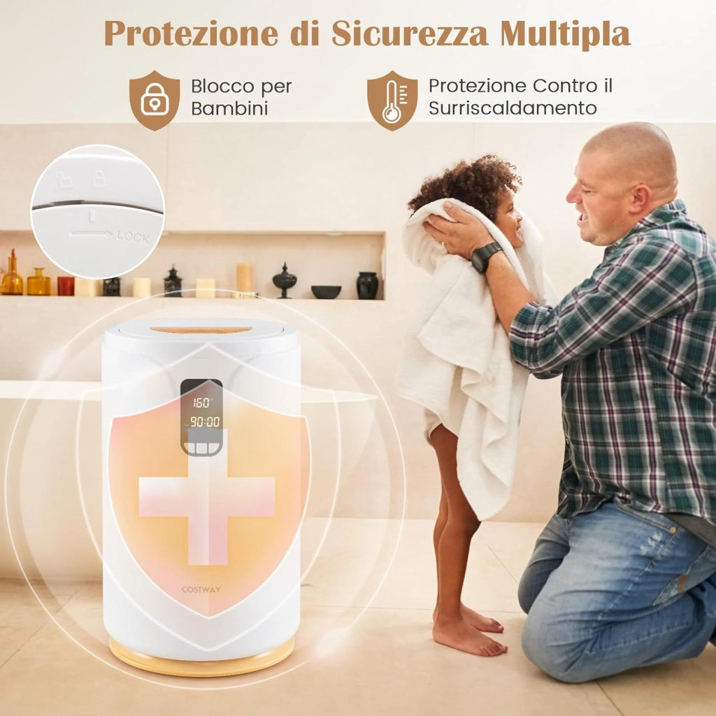 COSTWAY Scaldasalviette Secchio 20L con Luce LED, Secchio Scaldasalviette Elettrico per Bagno e Spa, Scalda Asciugamani con Timer, Blocco per Bambini, per 2 Asciugamani, Bianco