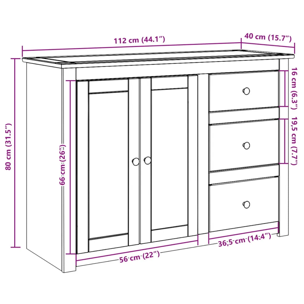 Credenza con Cassetti-Buffet-Armadio da cucina Panama 112x40x80cm Legno Massello di Pino
