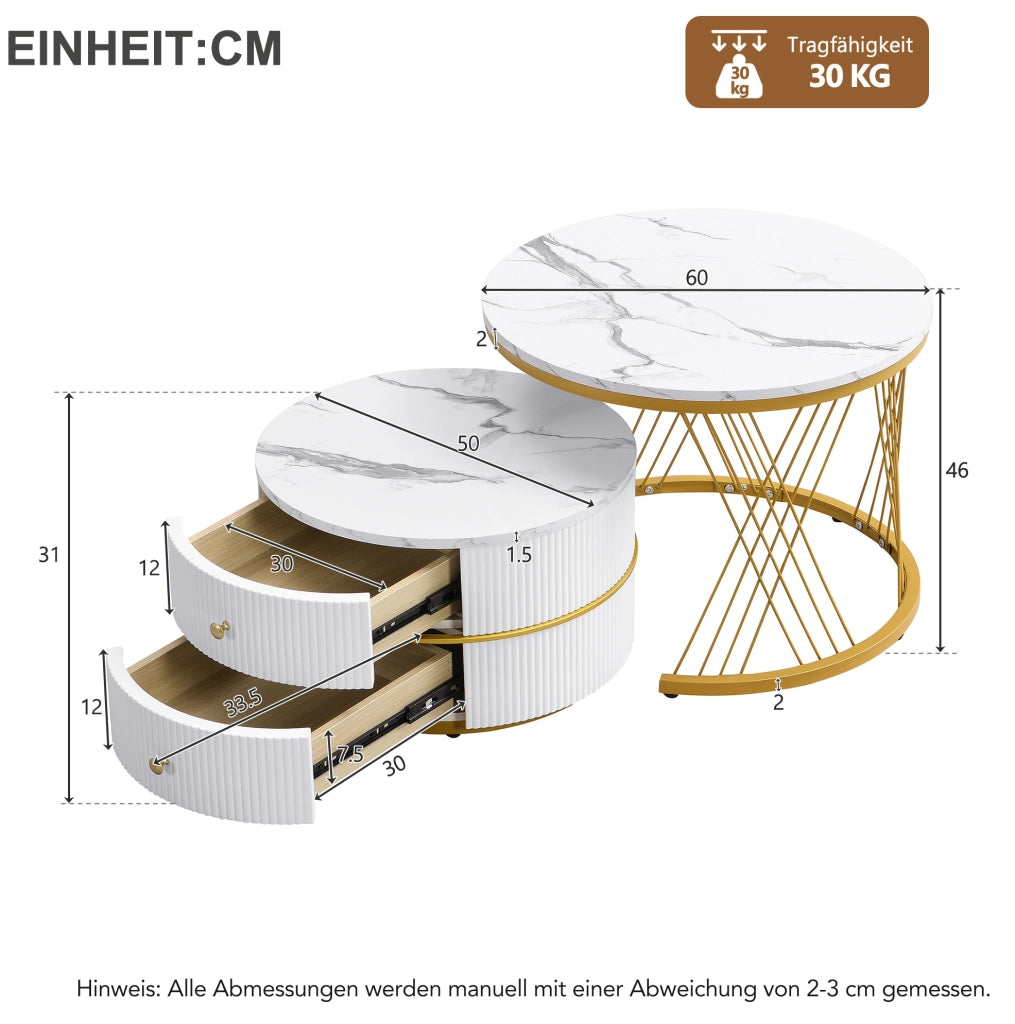 Set 2 tavolini da caffè rotondi effetto marmo lucido; bianco; con 2 cassetti